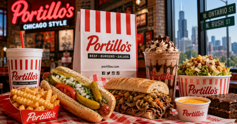 Portillo's Menu Near Me featuring Chicago-style hot dog, Italian beef, fries, and shake.