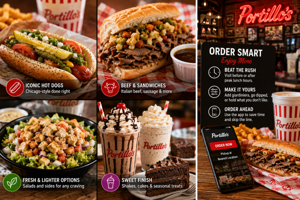 Portillo’s menu featuring Chicago-style hot dogs, Italian beef, salads, shakes, and desserts.